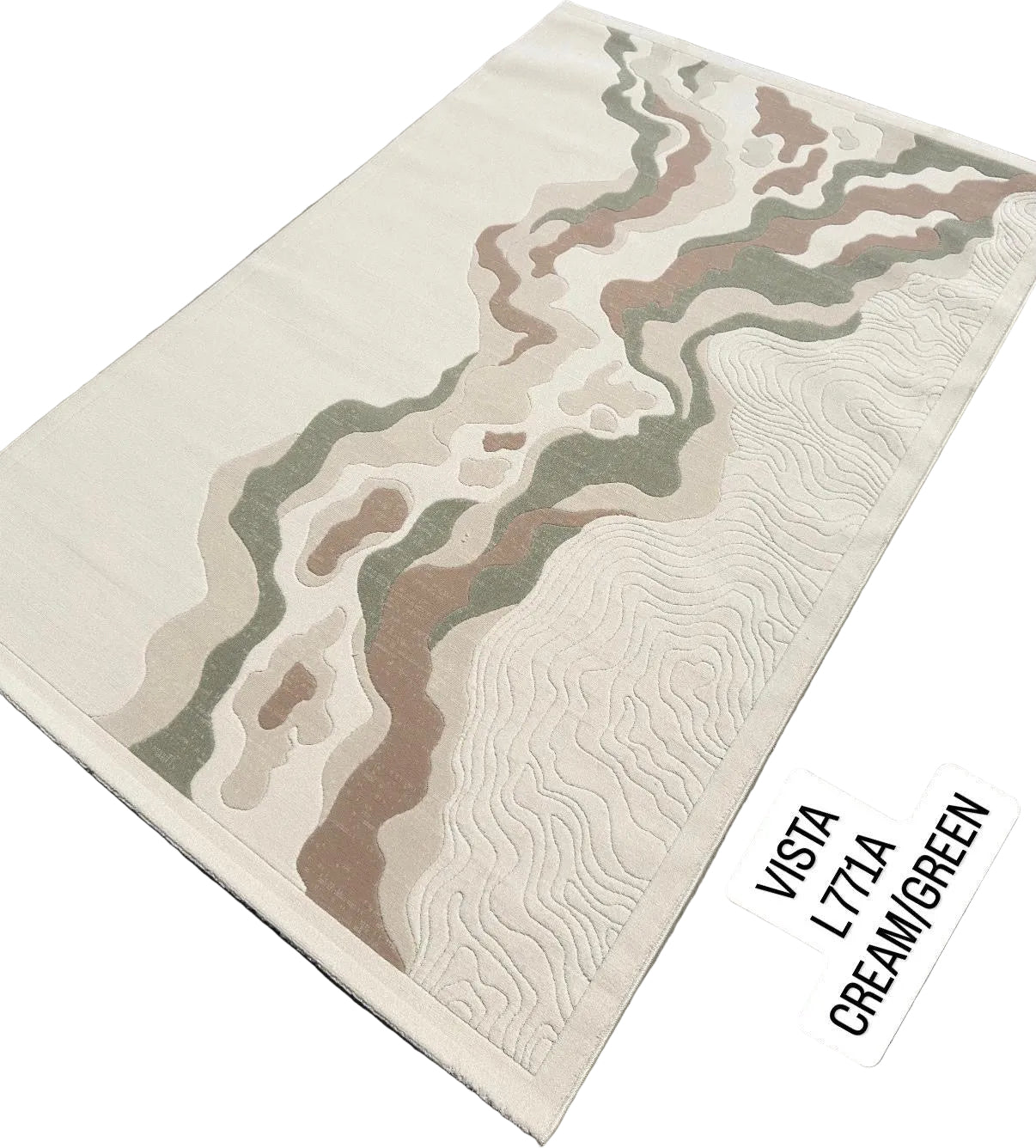 A rectangular area rug with a cream base and abstract wavy topographic-style lines in muted green, taupe, and blush pink, photographed on a gray paved surface. Two white label stickers reading 'VISTA 1771A CREAM/GREEN' are placed on the lower right.