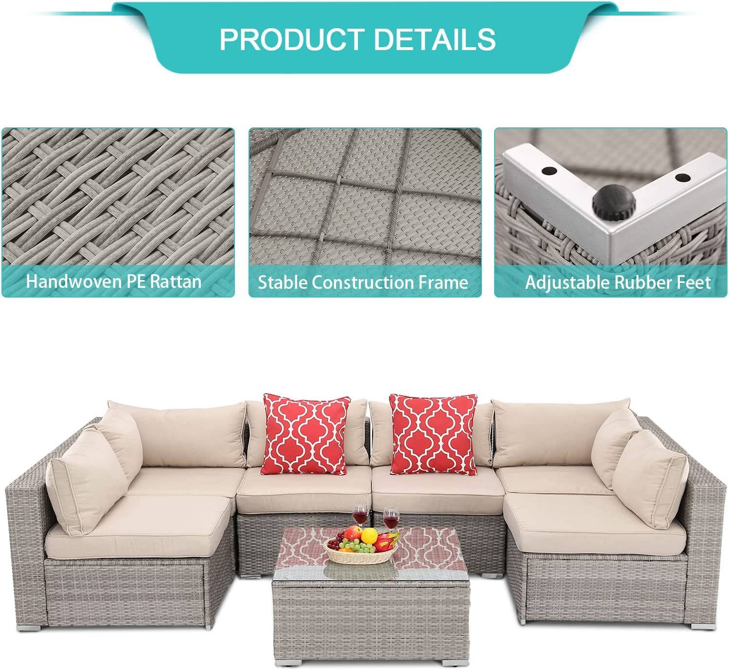 U  Sofa Set Rattan Cushions, Glass Coffee Table 2 Pillows