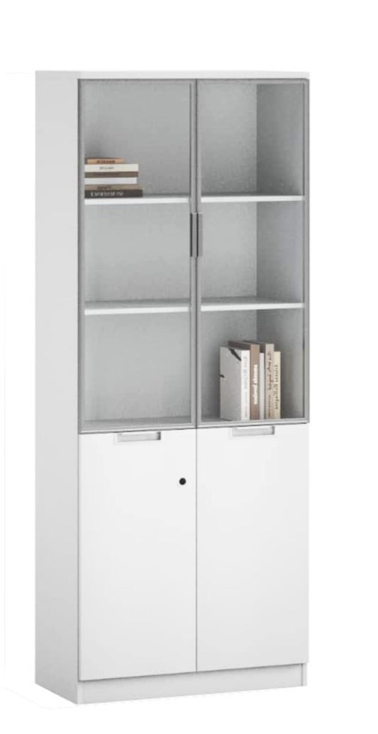 White storage cabinet with glass doors and shelves on a white background