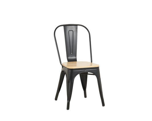 Black metal chair with wooden seat on a white background