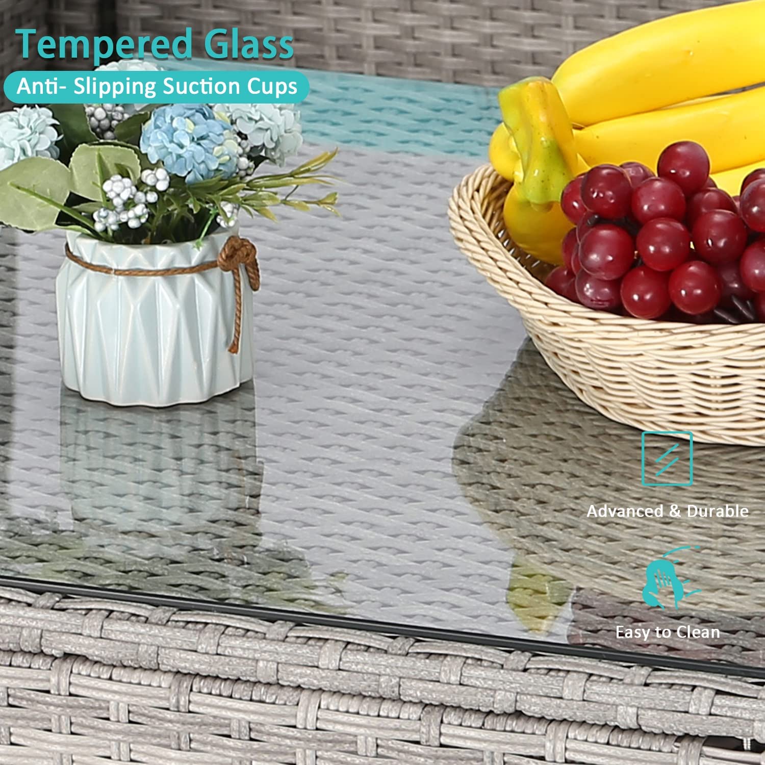 U Sofa Set Patio Rattan Seat Glass Coffee Table 2 Pillows