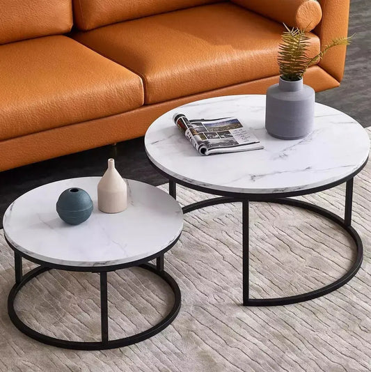 Coffee Table Set of 2, White Marble Pattern with Black legs