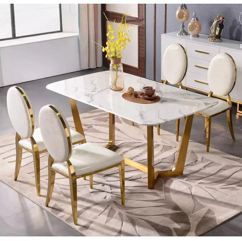 Marble finish dining table with cross gold legs-Caligo