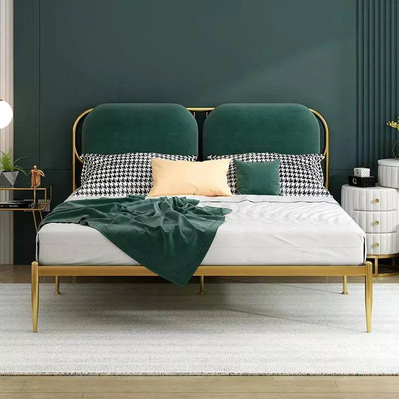 Modern Metal Bed Frame With Velvet Headboard Bedroom Set