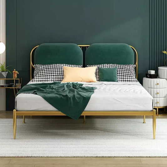 Modern Metal Bed Frame With Velvet Headboard Bedroom Set