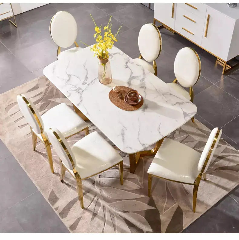 Marble finish dining table with cross gold legs-Caligo