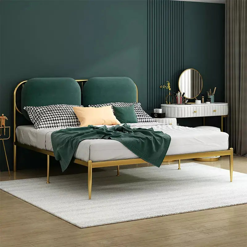 Modern Metal Bed Frame With Velvet Headboard Bedroom Set
