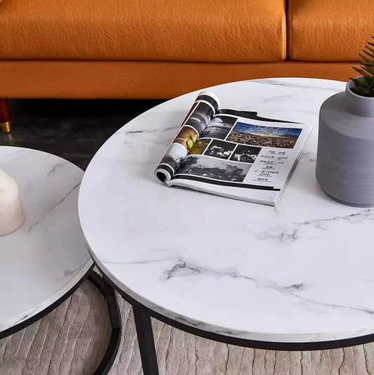 Coffee Table Set of 2, White Marble Pattern with Black legs
