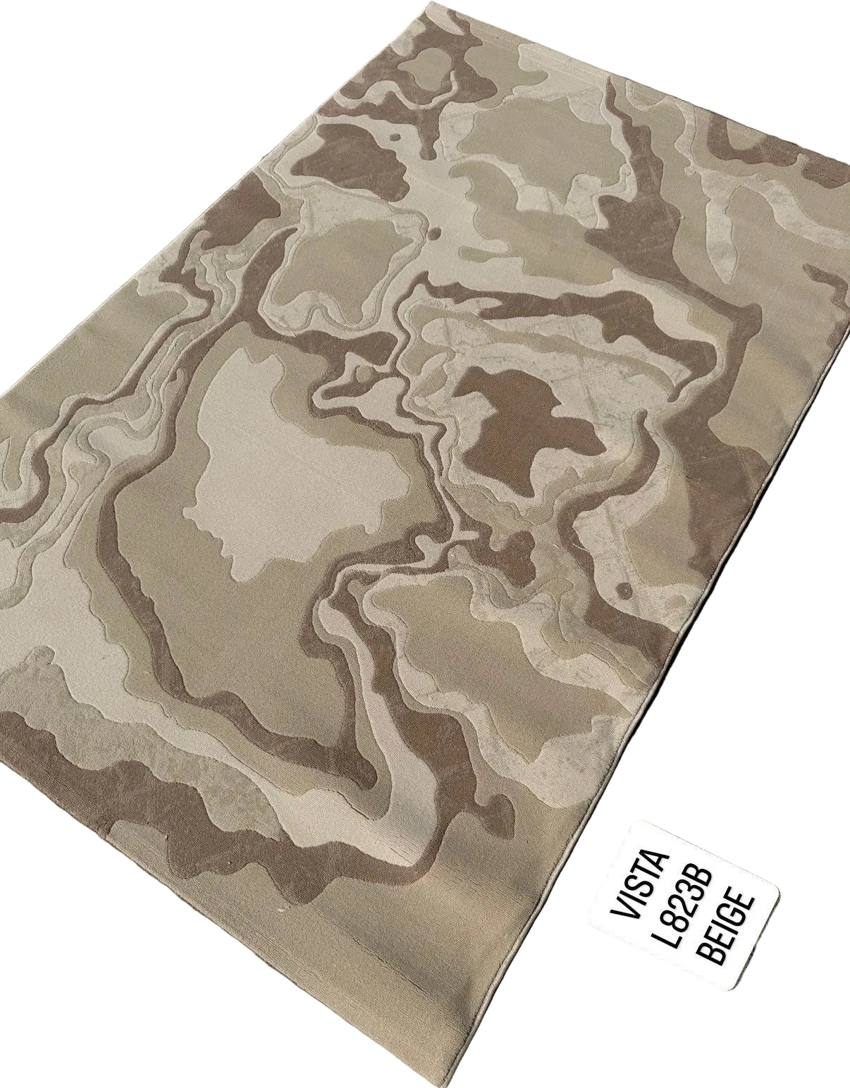 A rectangular area rug with an abstract, organic topographic pattern in shades of beige, tan, and brown, laid out on a gray paved surface. A white label in the bottom right corner reads 'VISTA L8238 BEIGE'.