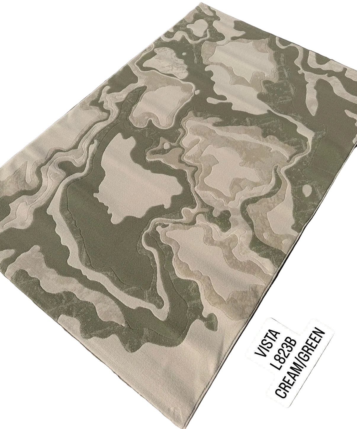 A rectangular area rug with an abstract organic pattern in shades of sage green, cream, and light gray, laid out on a dark gray interlocking paver floor. A white label sticker in the bottom right corner reads 'VISTA C239 DREAM/GREEN'.