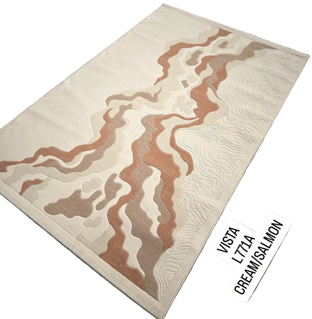 A rectangular area rug with an abstract topographic contour line pattern in cream, beige, and salmon pink, displayed diagonally on a gray patterned tile floor. A white label overlay in the bottom right corner reads 'VISTA L771A CREAM/SALMON'.