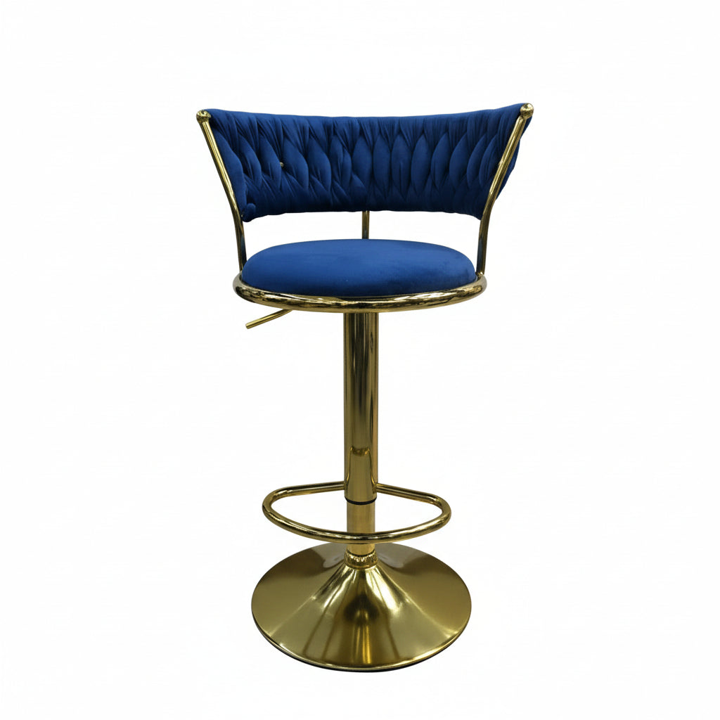 Bar stool with blue cushioned seat and backrest on a white background