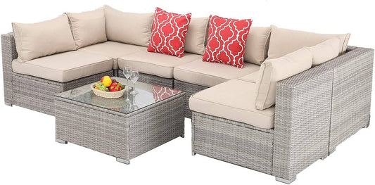 U Sectional Sofa Set Rattan Seat, Glass Coffee Table Pillows