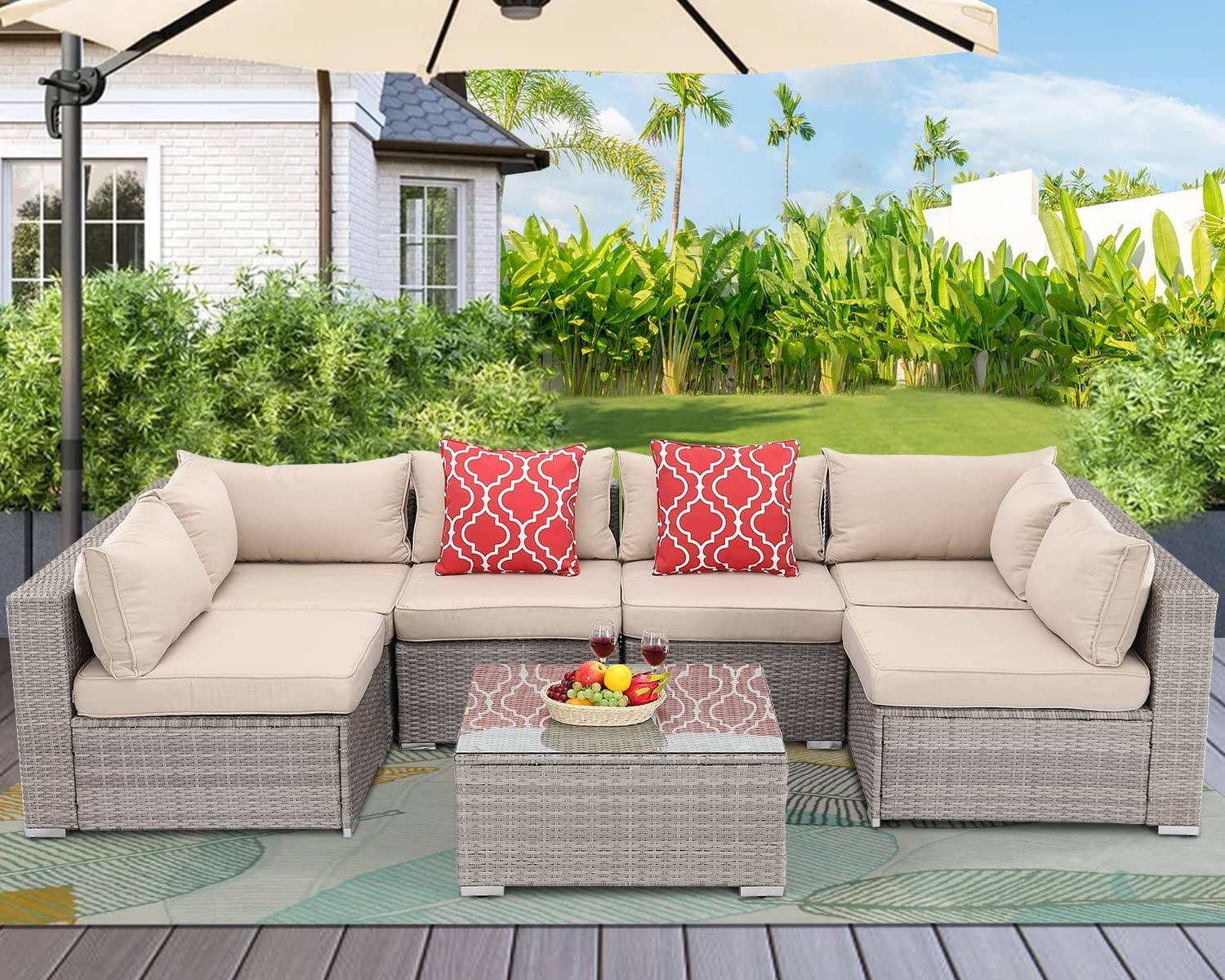 U Sofa Set Patio Rattan Glass Coffee Table 2 Pillows 