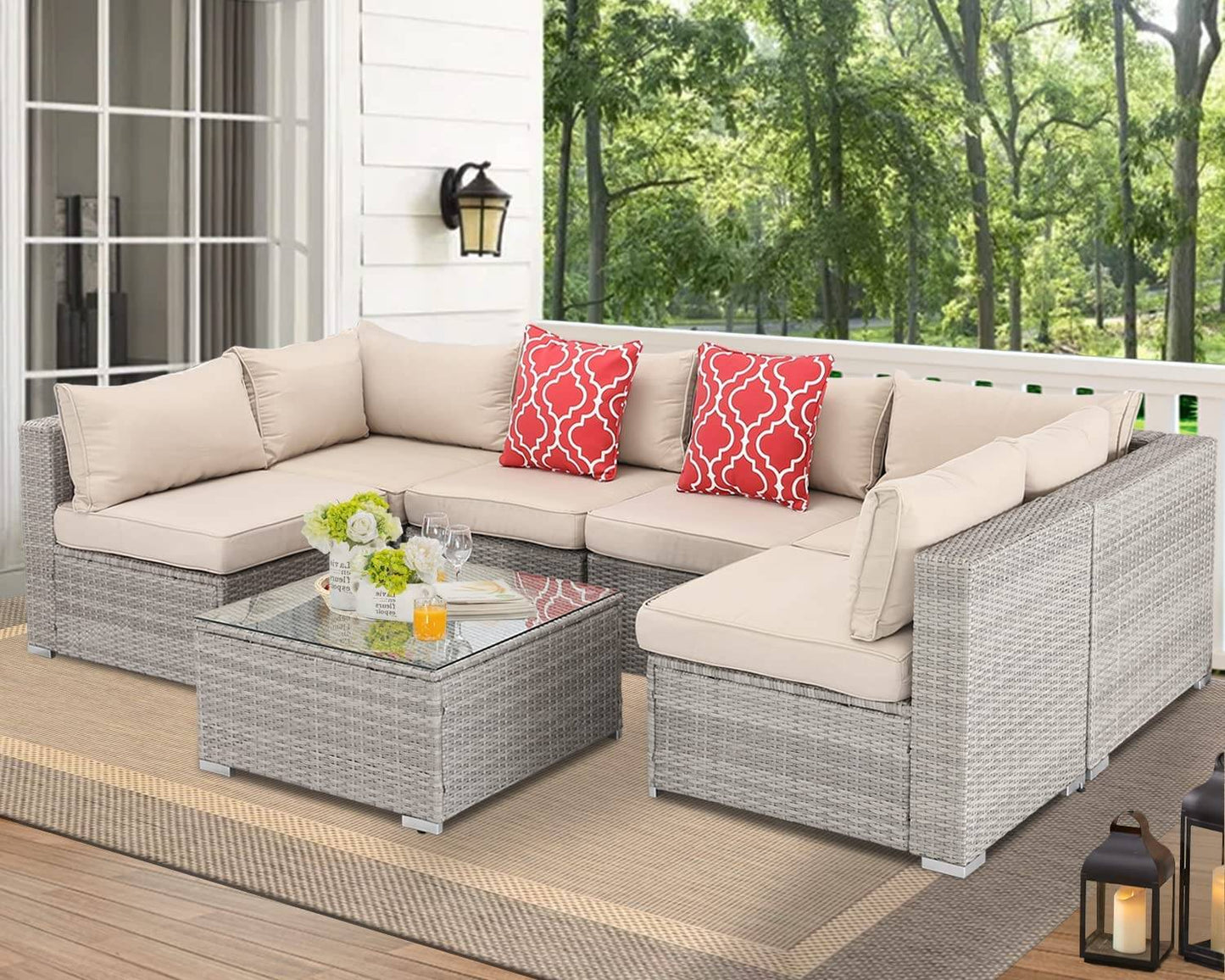 U Outdoor Sofa Set Patio Set Rattan Wicker with Seat -Caligo