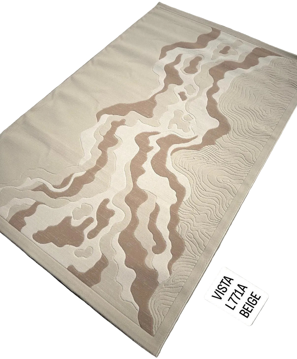 A rectangular area rug with an abstract topographic contour pattern in beige and cream, displayed diagonally on a gray textured floor with a product label sticker in the bottom right corner.