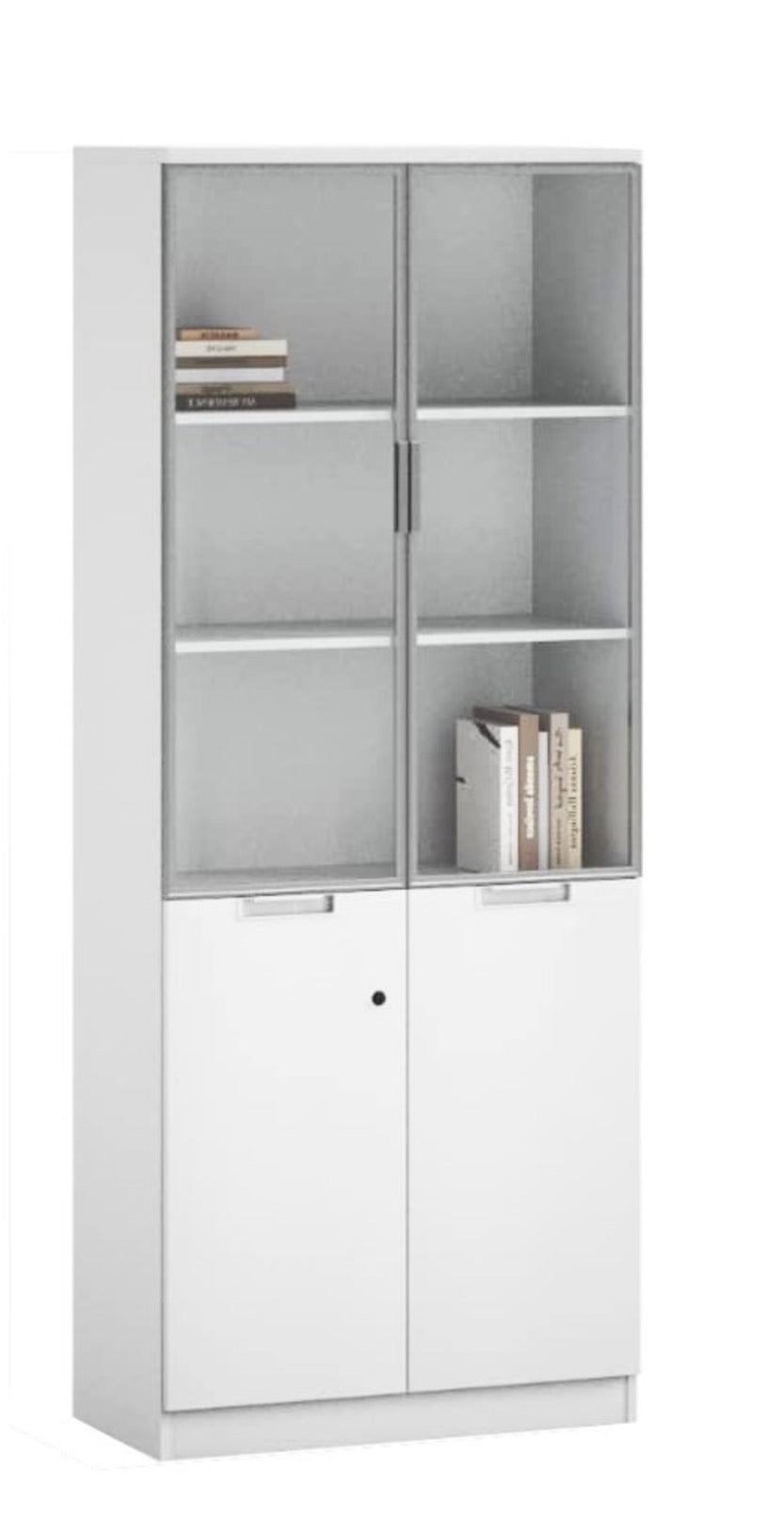 White storage cabinet with glass doors and shelves on a white background