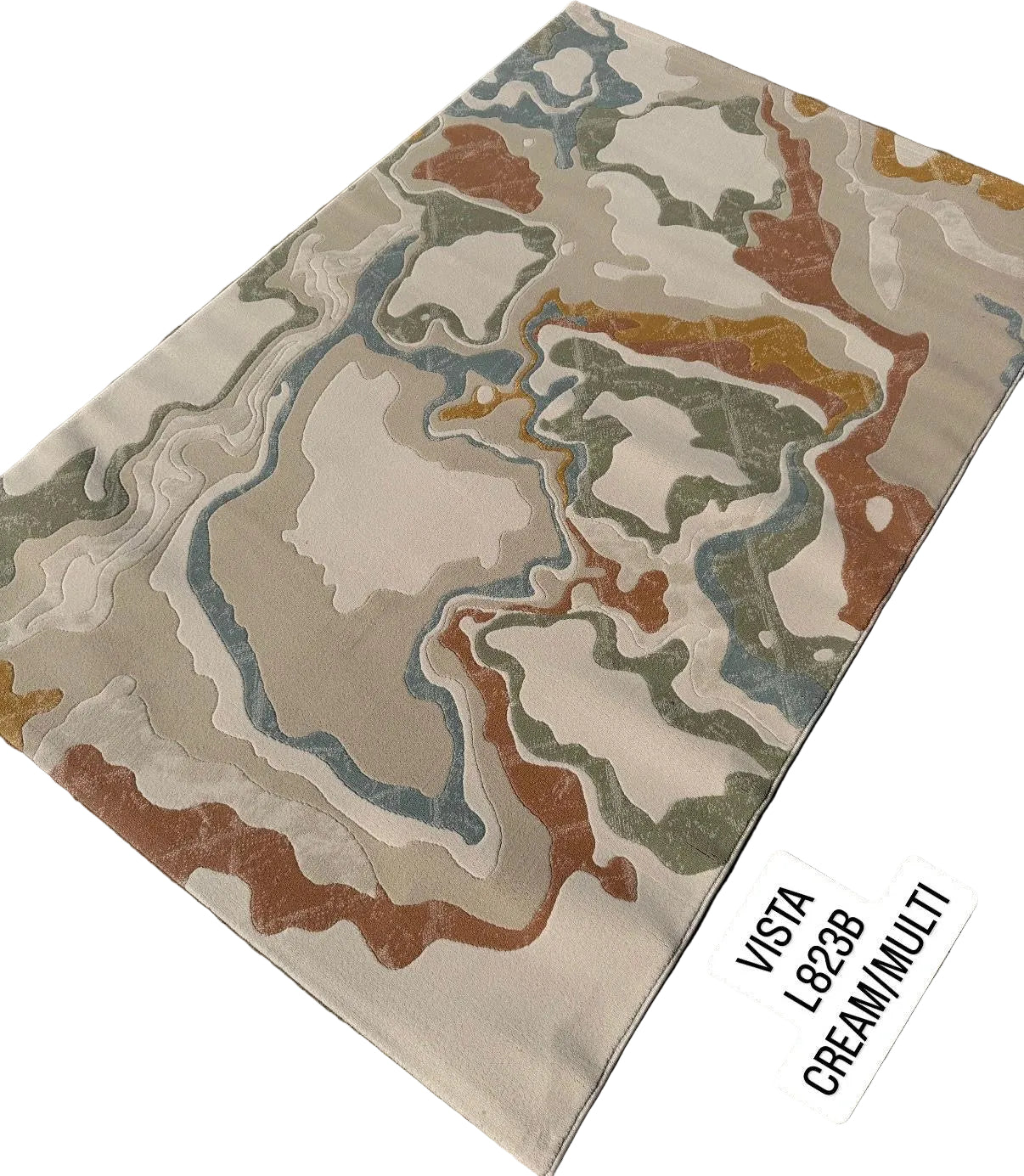 An area rug with an abstract, topographic-style pattern in cream, beige, gray, muted blue, and terracotta, shown laid out on a gray paved surface. A white sticker in the bottom right corner reads 'VISTA L8298 CREAM/MULTI'.