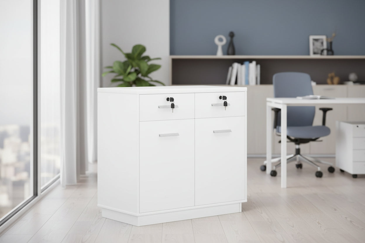 White storage cabinet in an office setting with a desk and chair.