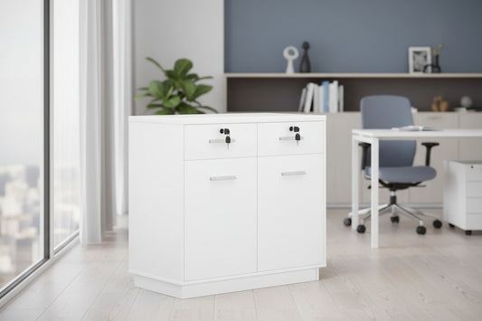White storage cabinet in an office setting with a desk and chair.