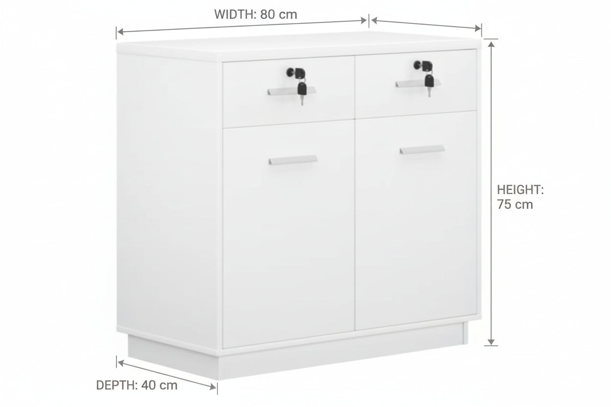 White cabinet with dimensions labeled on a white background