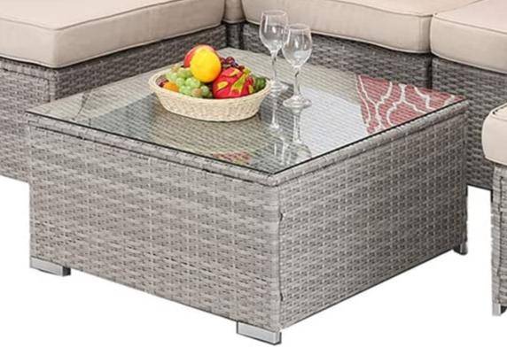 U Pieces Patio Rattan Glass Coffee Table (Grey Brown)