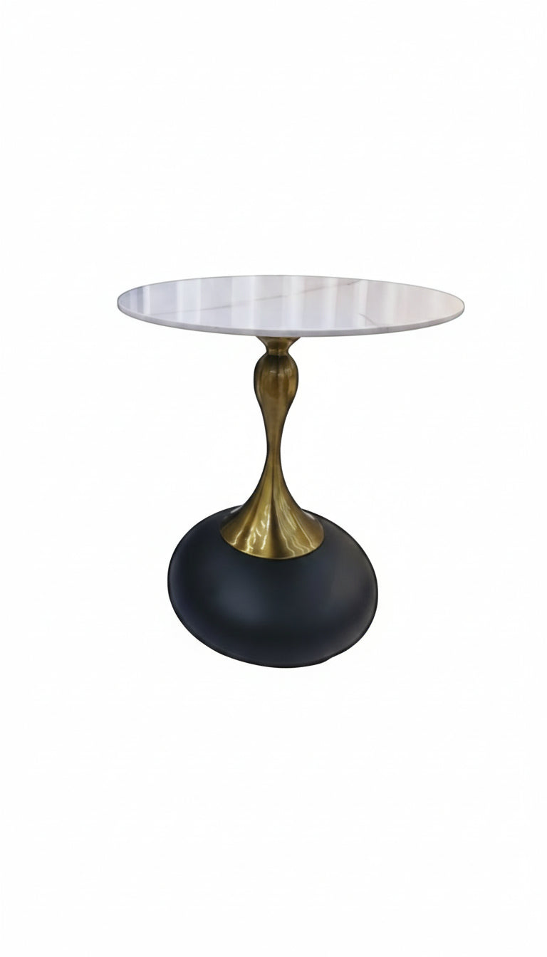 Side table with a unique design featuring a black base and gold accent on a white background