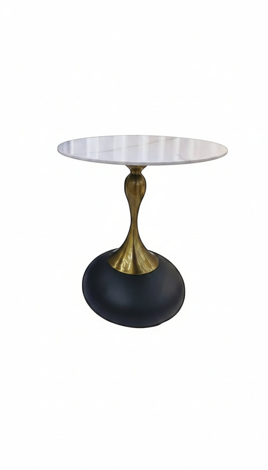 Side table with a unique design featuring a black base and gold accent on a white background