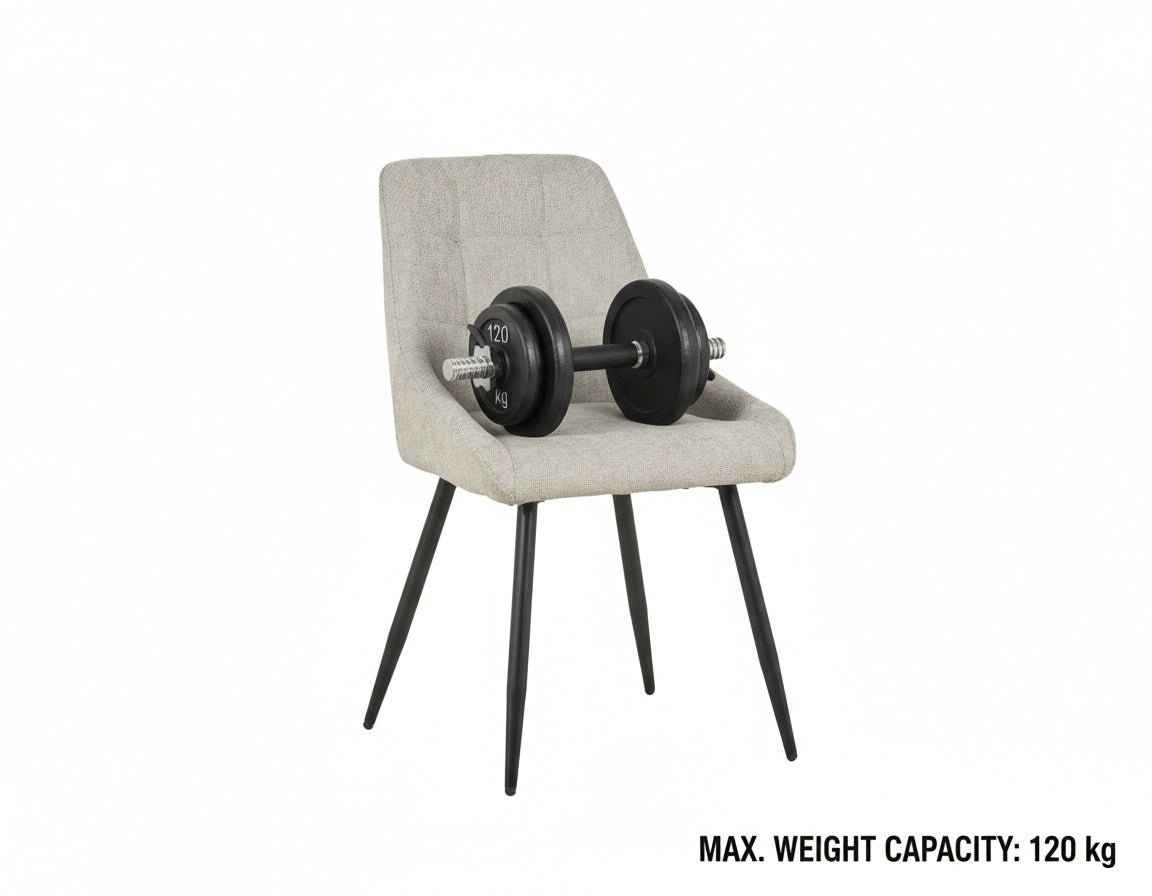 Chair with two dumbbells , indicating weight capacity caligo