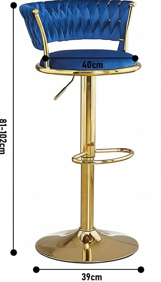 Blue bar stool with gold base and height measurements on a white background