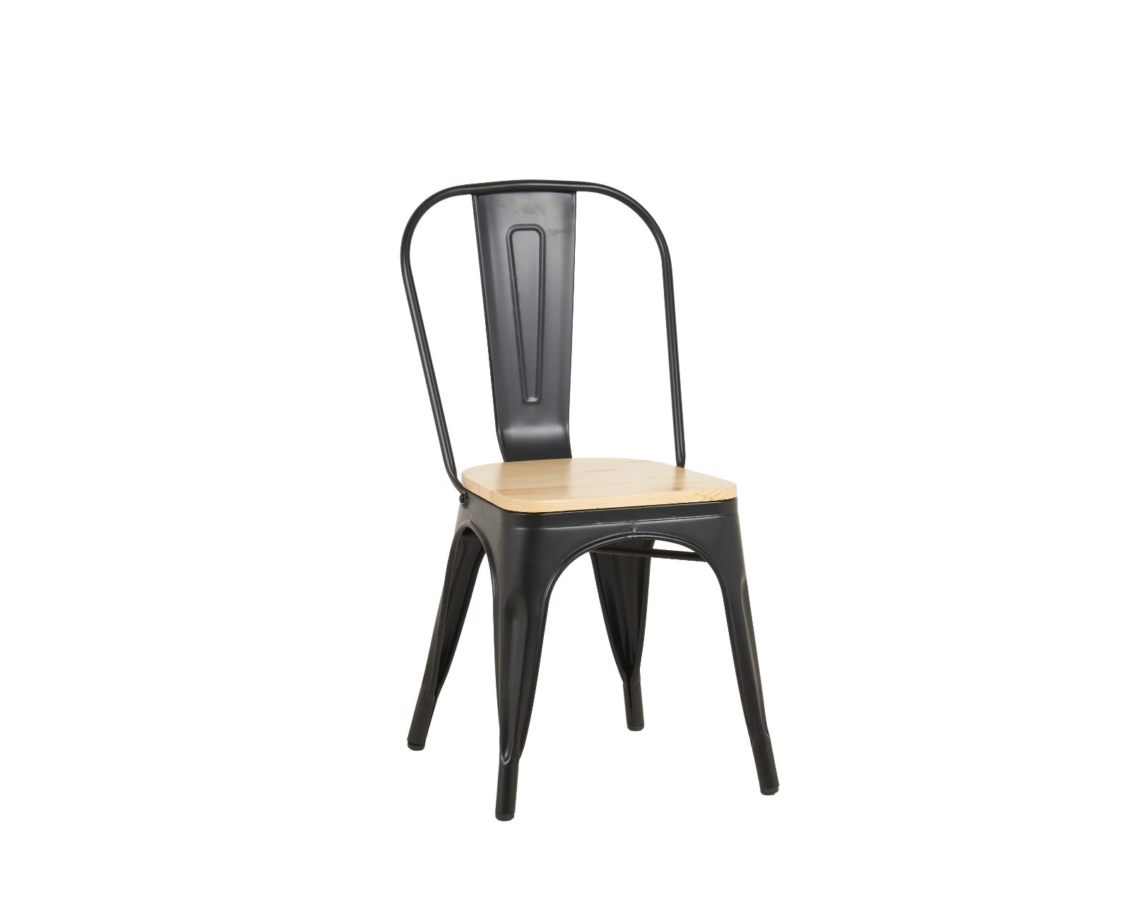 Black metal chair with wooden seat on a white background