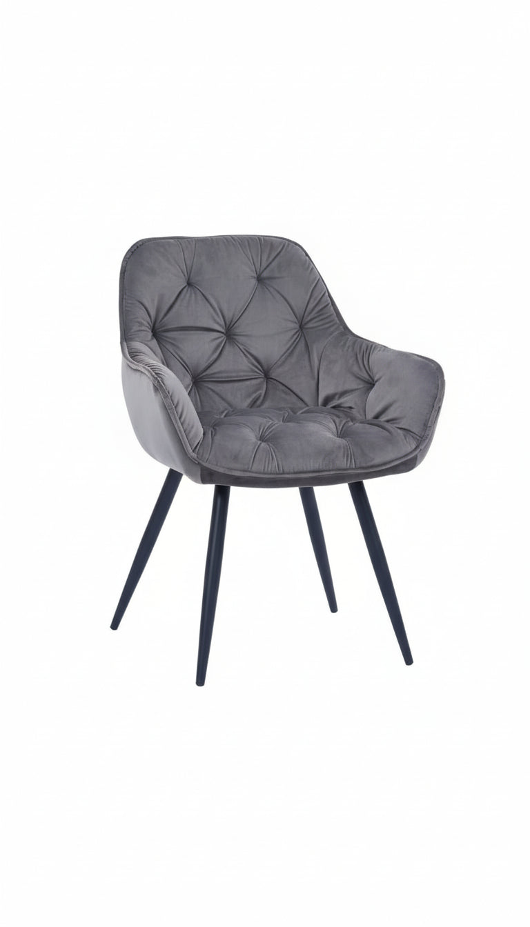 Gray upholstered chair with black legs on a white background