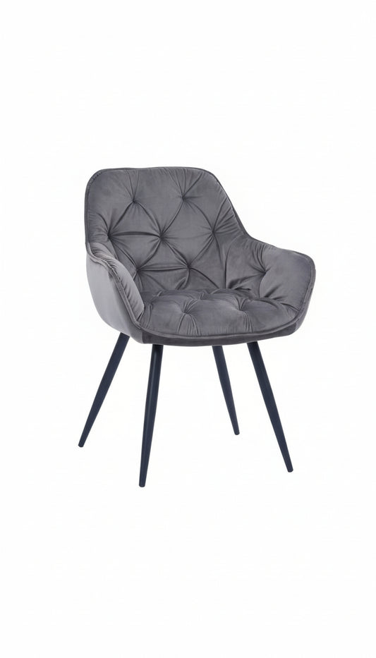 Gray upholstered chair with black legs on a white background