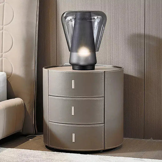 Khaki Saddle leather wood side 3 drawers nightstands-Caligo
