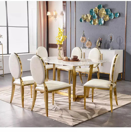 Marble finish dining table with cross gold legs-Caligo
