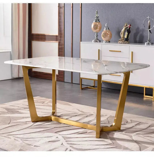 Marble finish dining table with cross gold legs-Caligo